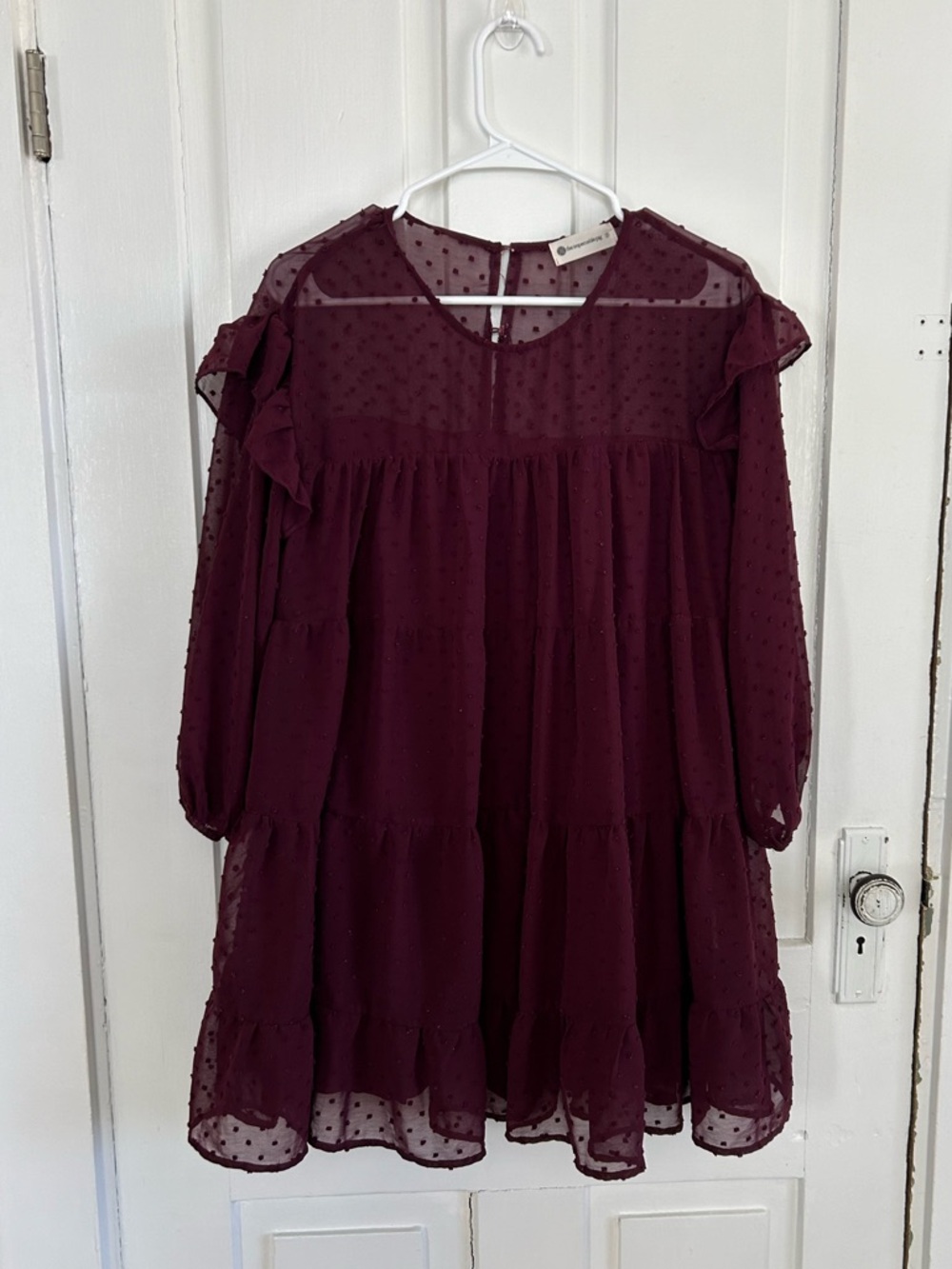 The Impeccable Pig Burgundy Swiss Dot Tiered Ruffle Dress